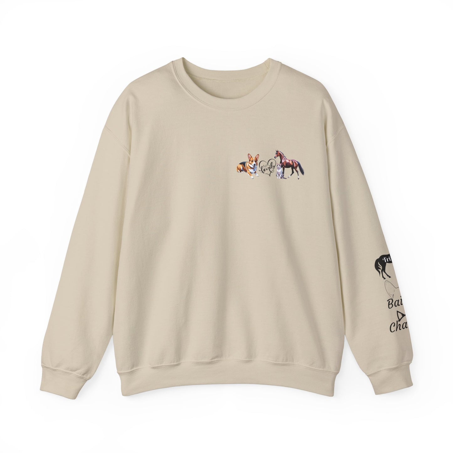 Fur Family Personalized Heavy Blend™ Crewneck Sweatshirt with your Cartoon Animals on the front and Names on the Sleeves