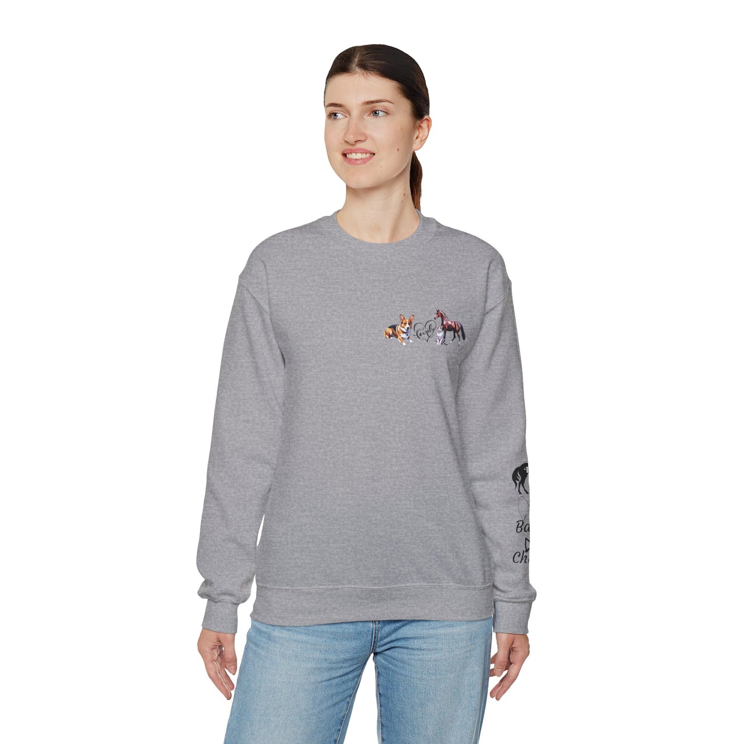 Fur Family Personalized Heavy Blend™ Crewneck Sweatshirt with your Cartoon Animals on the front and Names on the Sleeves