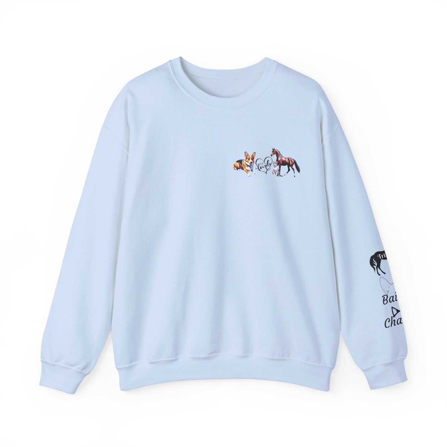 Fur Family Personalized Heavy Blend™ Crewneck Sweatshirt with your Cartoon Animals on the front and Names on the Sleeves