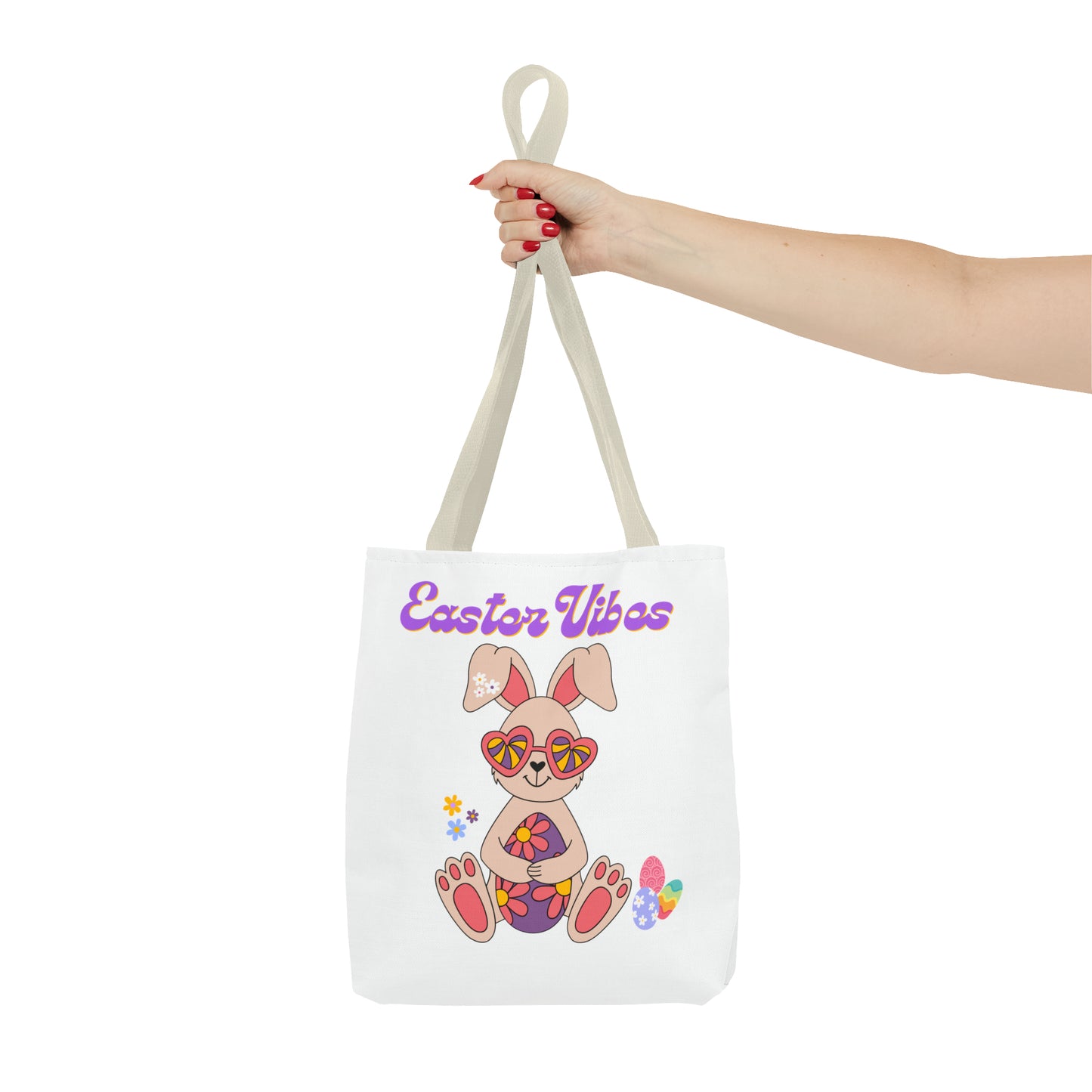 Easter  Vibes Tote Bag with a Cool Bunny on the front with Easter Eggs and flowers