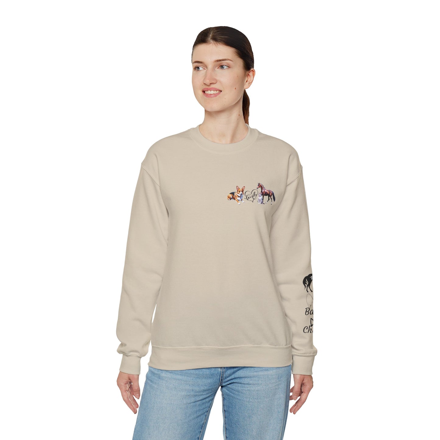 Fur Family Personalized Heavy Blend™ Crewneck Sweatshirt with your Cartoon Animals on the front and Names on the Sleeves