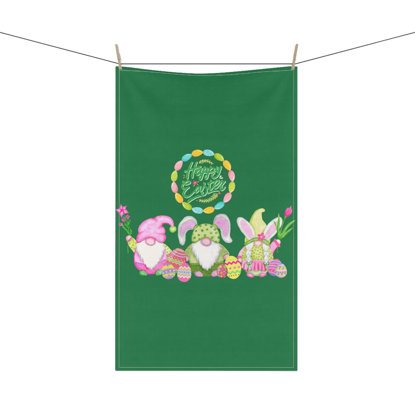 Easter Green Gnome Kitchen Towel that says Happy Easter