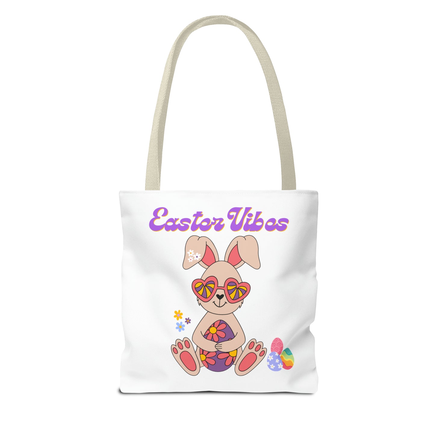 Easter  Vibes Tote Bag with a Cool Bunny on the front with Easter Eggs and flowers