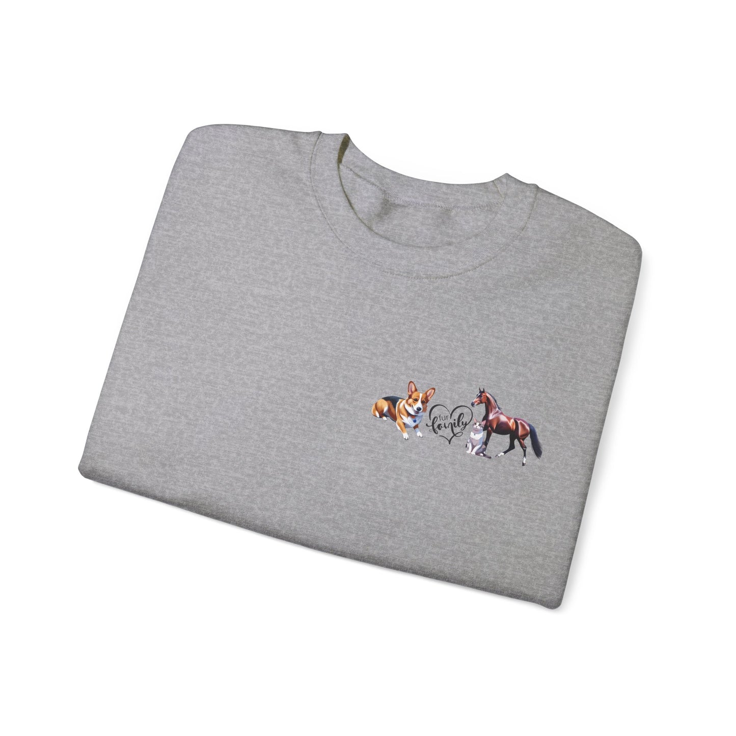 Fur Family Personalized Heavy Blend™ Crewneck Sweatshirt with your Cartoon Animals on the front and Names on the Sleeves