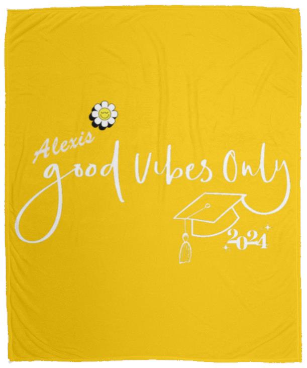 Personalized Graduation Plush Fleece Blanket - Good Vibes Only for your future graduate. Cute Flower on Blanket