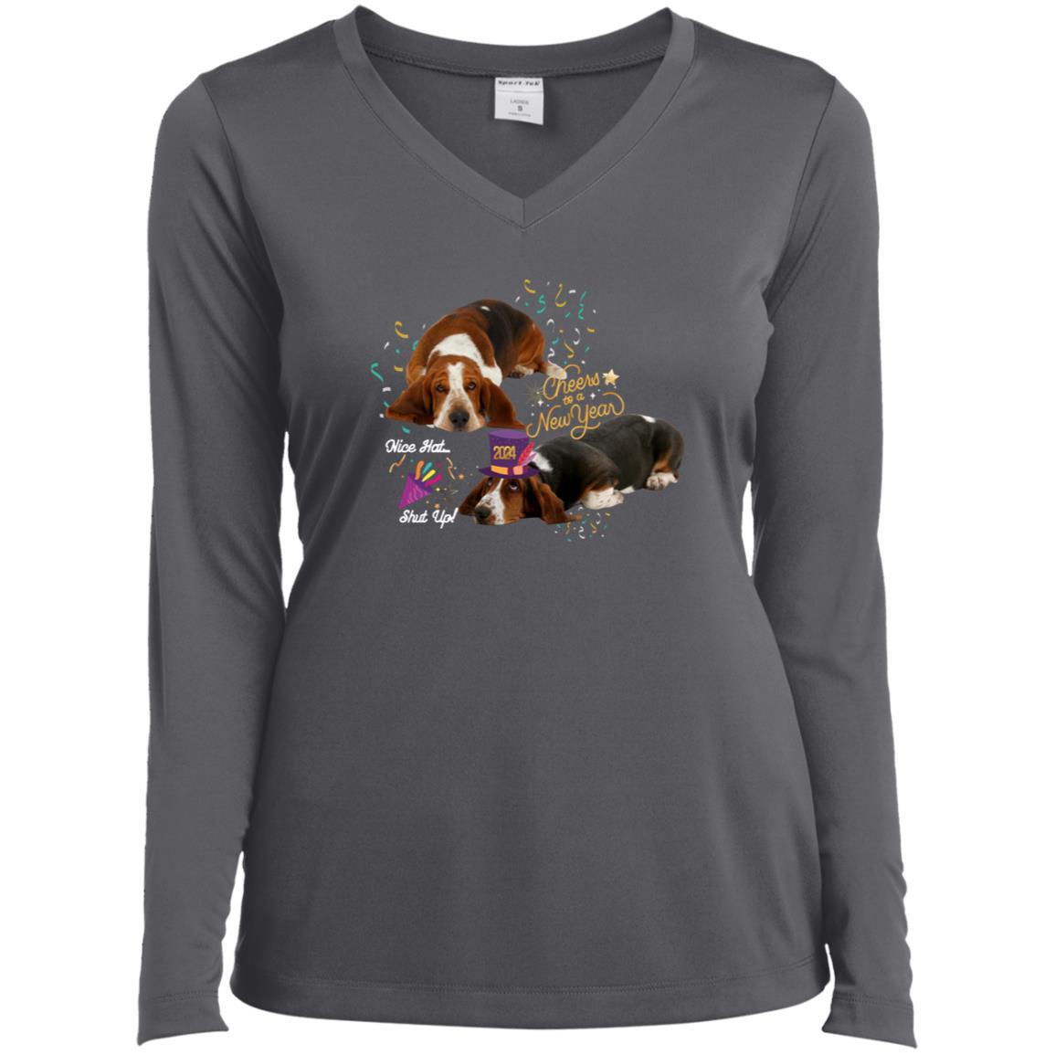 Basset Hound celebrates New Years Ladies’ Long Sleeve Performance V-Neck Tee