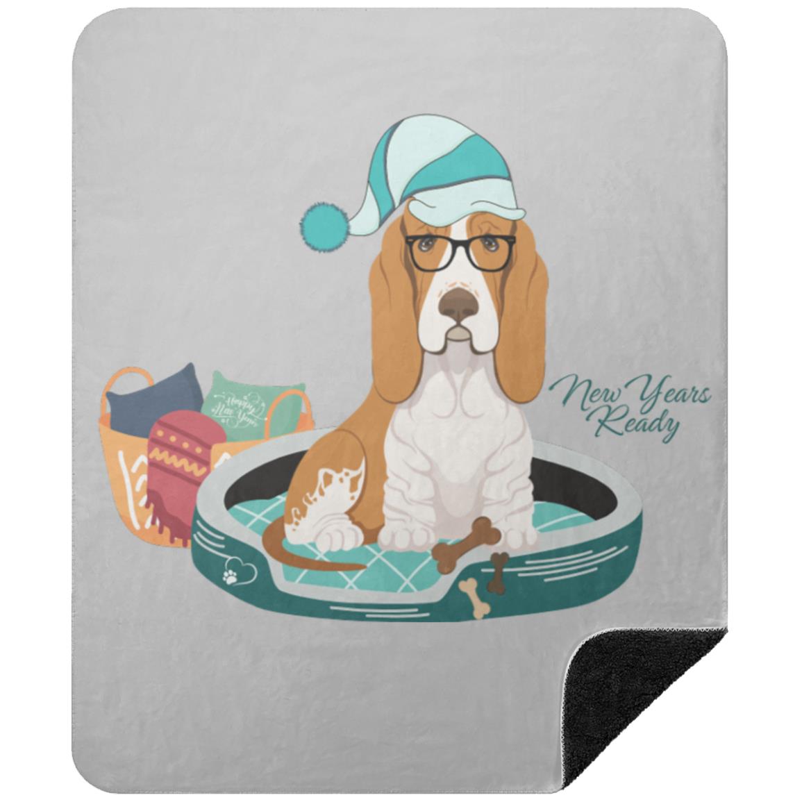 Celebrate New Years with this Premium Black Sherpa Blanket featuring a cute Basset Hound 50x60