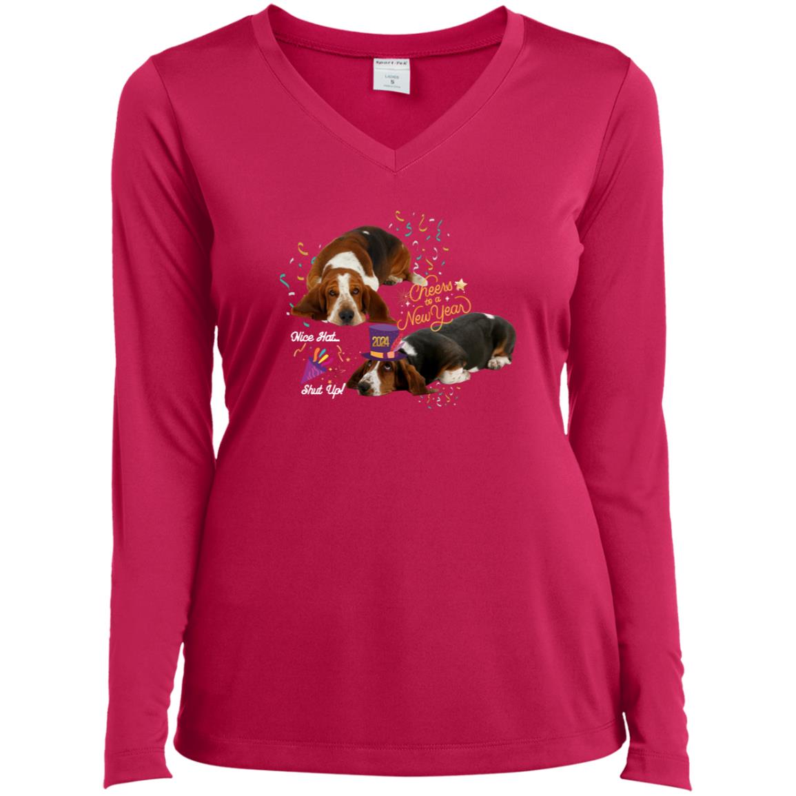 Basset Hound celebrates New Years Ladies’ Long Sleeve Performance V-Neck Tee