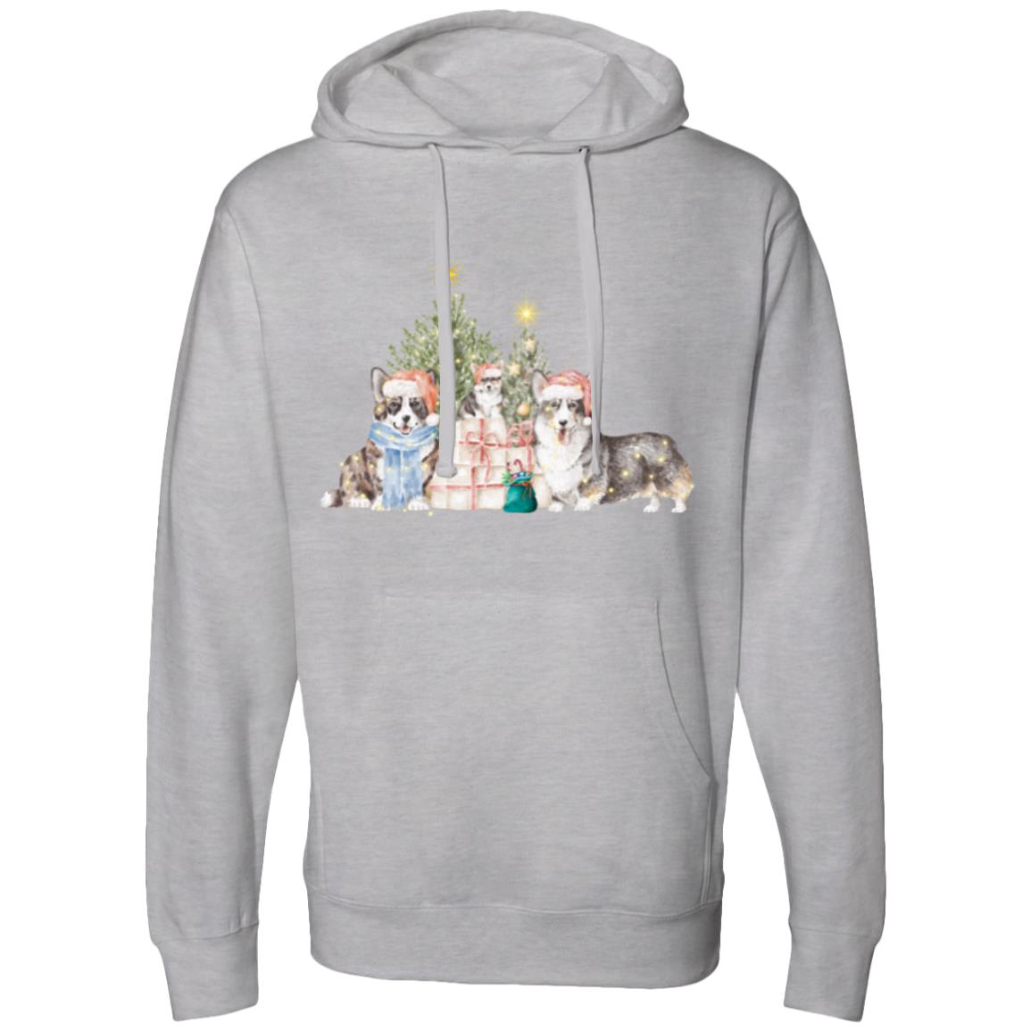 Corgi Christmas Hooded Sweatshirt with three Corgis and a 2 Christmas Trees