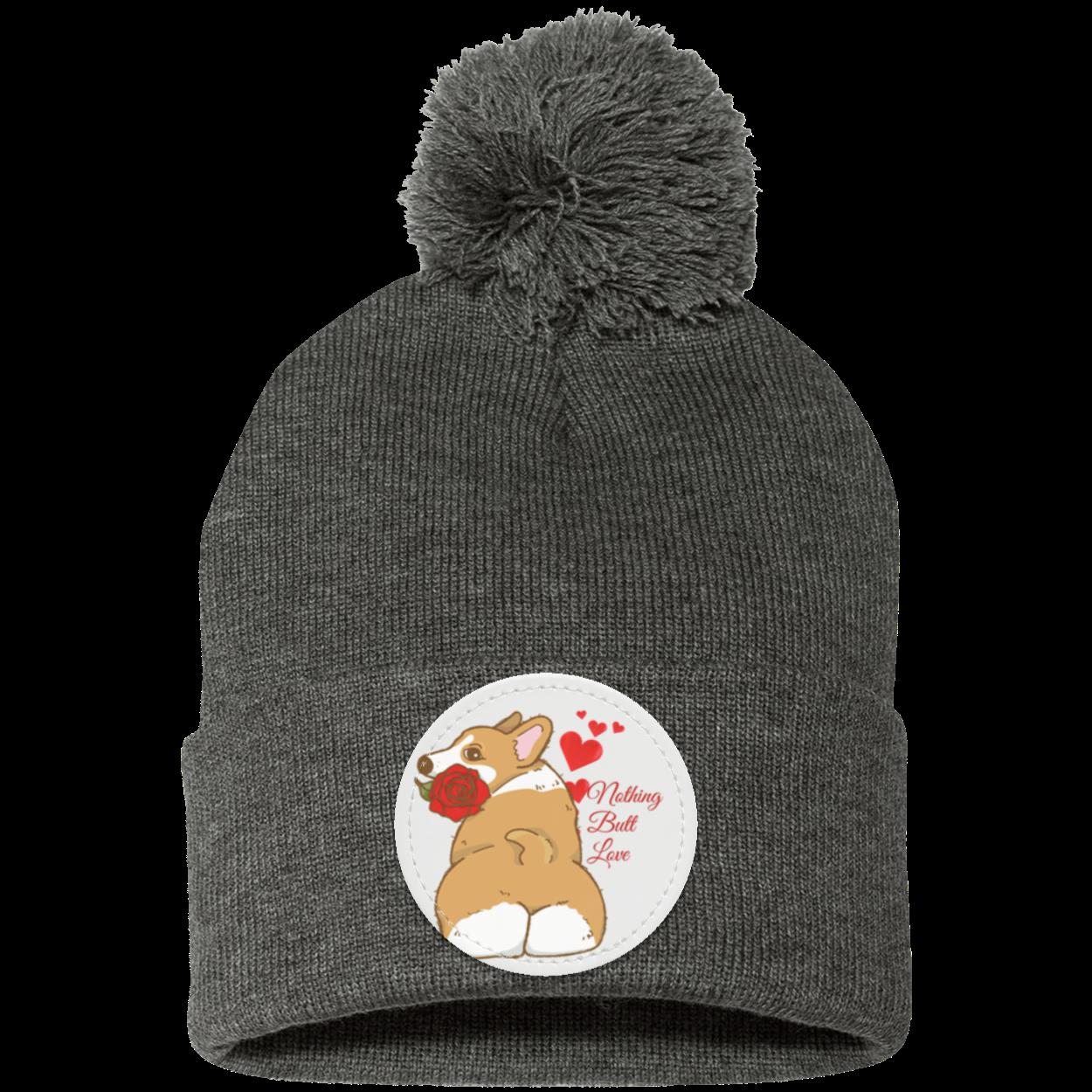 Corgi Adorable Pom Pom Knit Hat that says "Nothing butt love"