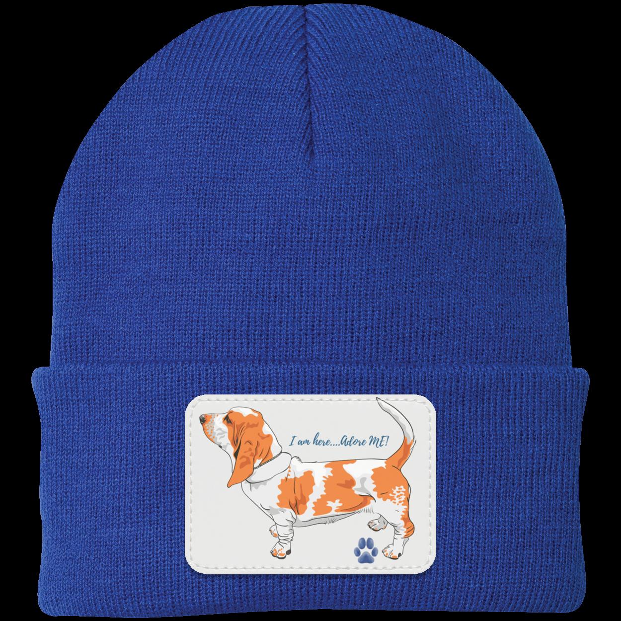 Basset Hound Beanie Hat. Adore Me. Cute Basset Hound on Vegan Patch that says I am here adore me