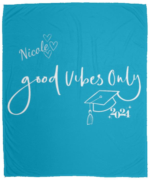 Personalized Graduation Plush Fleece Blanket - Good Vibes Only for your future graduate. This blanket features hearts.