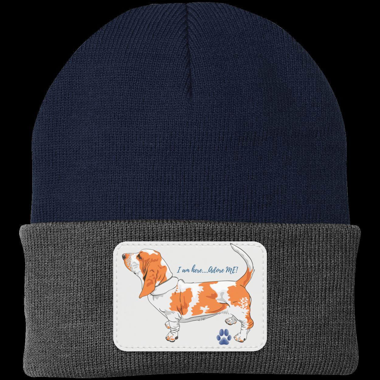 Basset Hound Beanie Hat. Adore Me. Cute Basset Hound on Vegan Patch that says I am here adore me