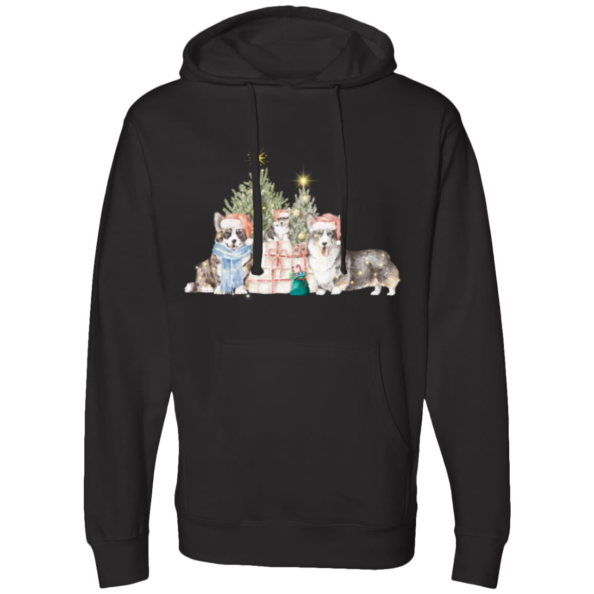 Corgi Christmas Hooded Sweatshirt with three Corgis and a 2 Christmas Trees