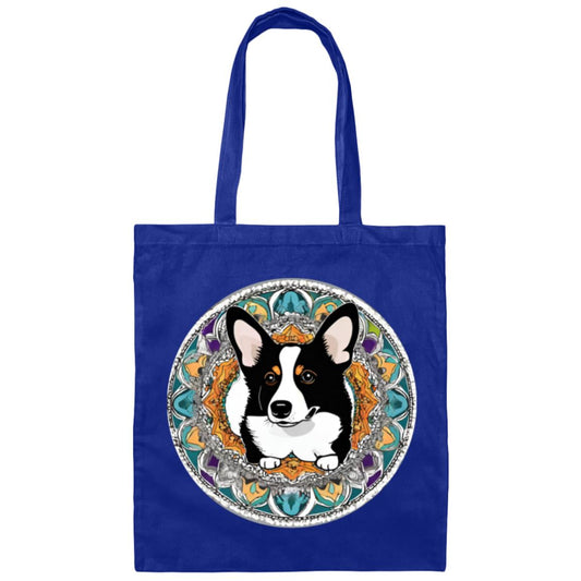 Black and White Corgi Mandala Canvas Tote Bag