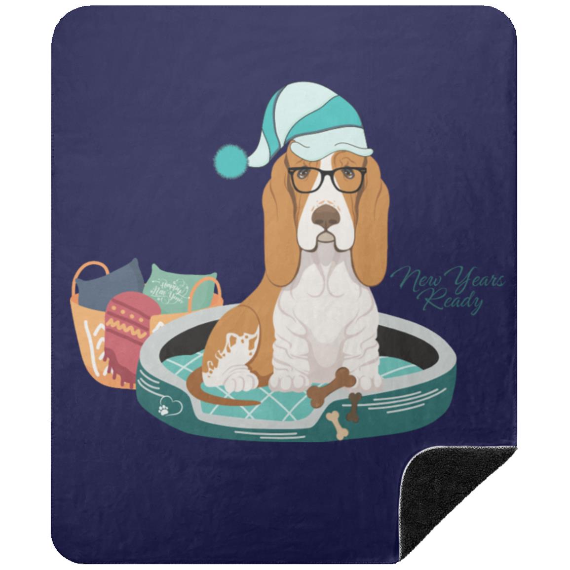 Celebrate New Years with this Premium Black Sherpa Blanket featuring a cute Basset Hound 50x60