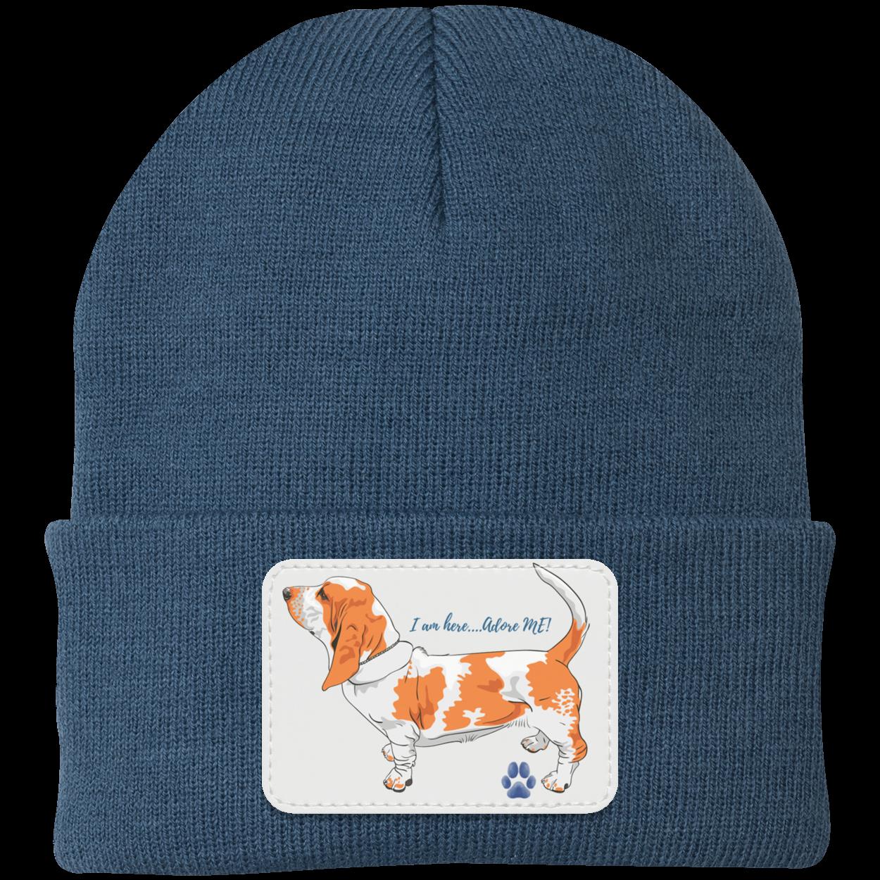 Basset Hound Beanie Hat. Adore Me. Cute Basset Hound on Vegan Patch that says I am here adore me