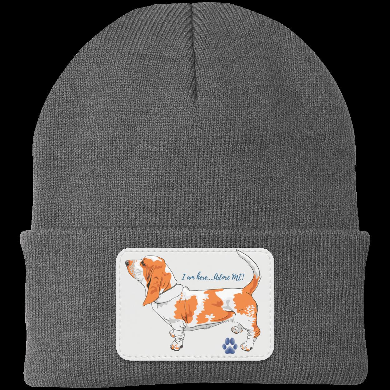 Basset Hound Beanie Hat. Adore Me. Cute Basset Hound on Vegan Patch that says I am here adore me