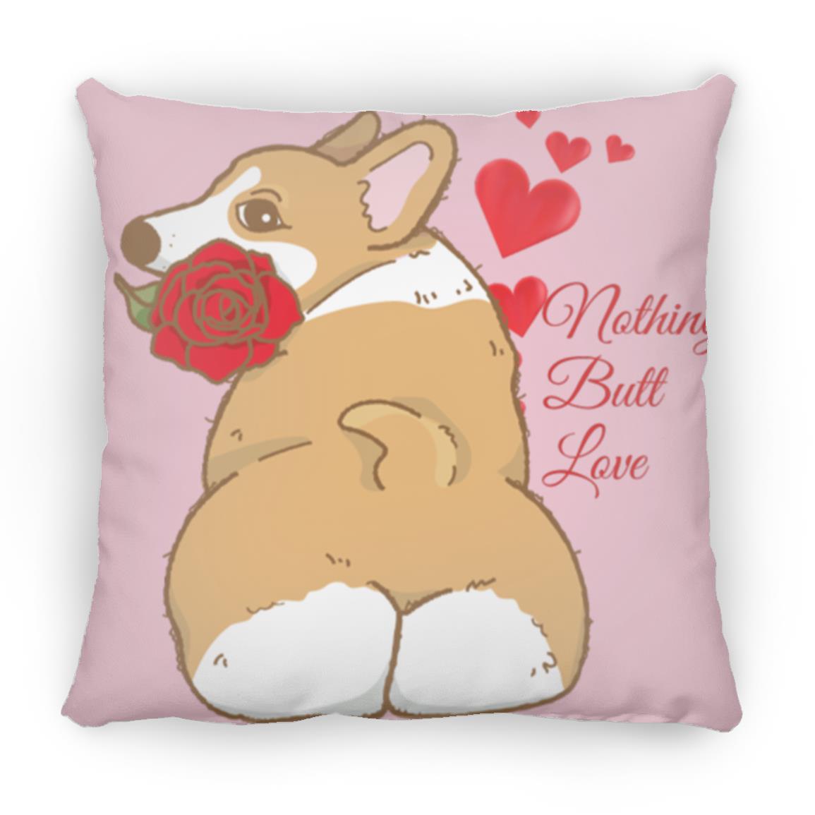 Corgi Throw Pillow featuring hearts and a Corgi holding a rose. Medium Square Pillow