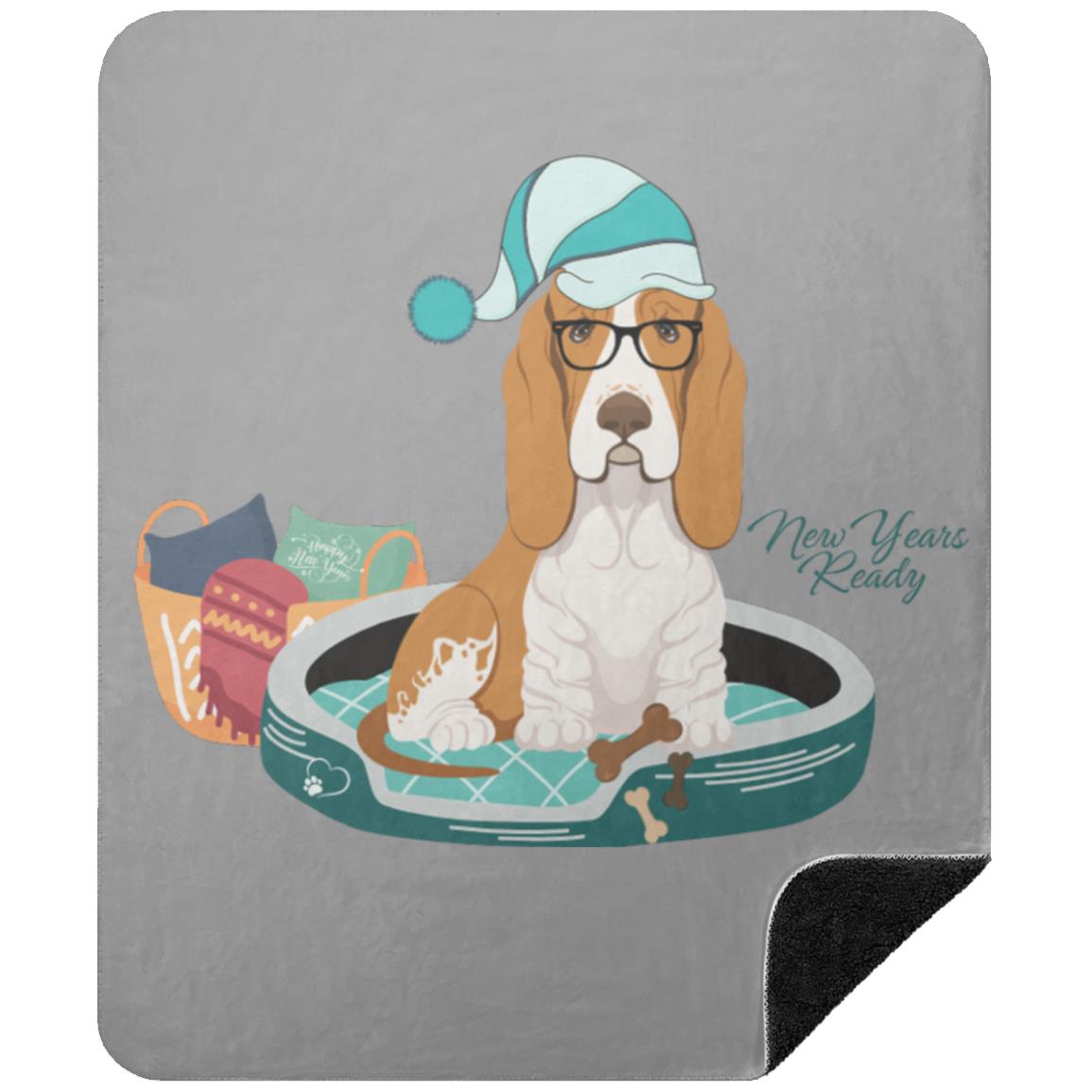 Celebrate New Years with this Premium Black Sherpa Blanket featuring a cute Basset Hound 50x60