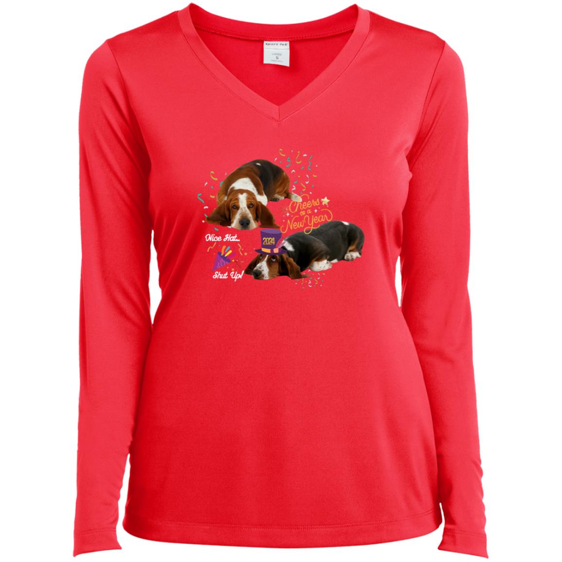 Basset Hound celebrates New Years Ladies’ Long Sleeve Performance V-Neck Tee