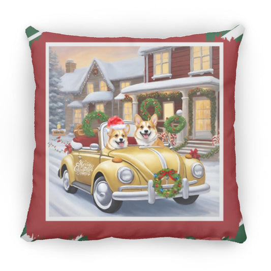 Christmas Corgis driving a antique VW Beetle Medium Square Pillow