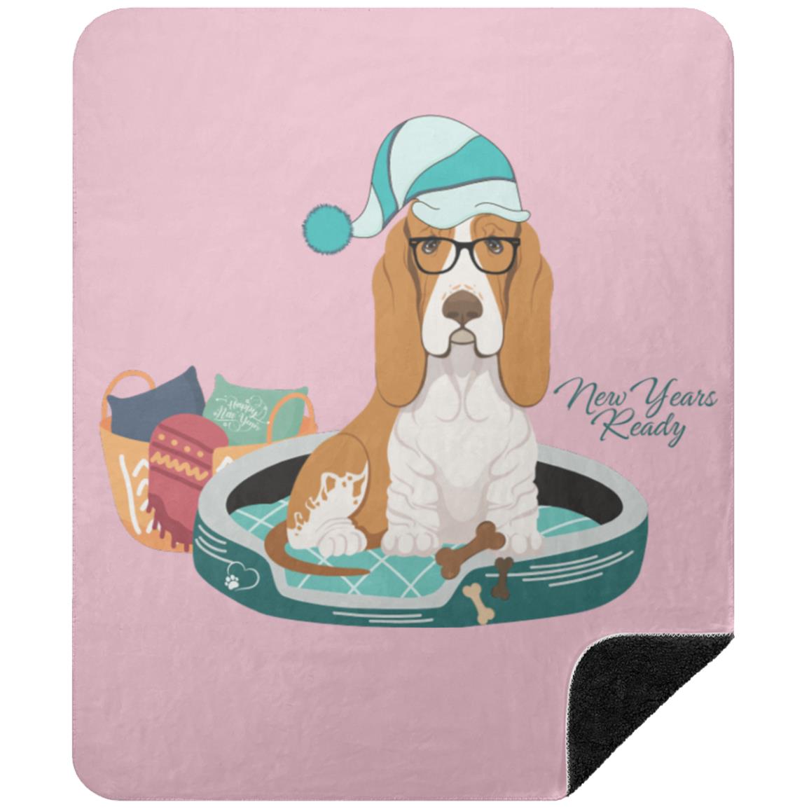 Celebrate New Years with this Premium Black Sherpa Blanket featuring a cute Basset Hound 50x60