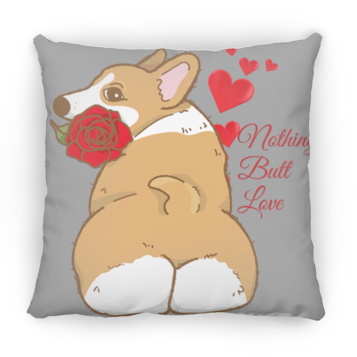 Corgi Throw Pillow featuring hearts and a Corgi holding a rose. Medium Square Pillow