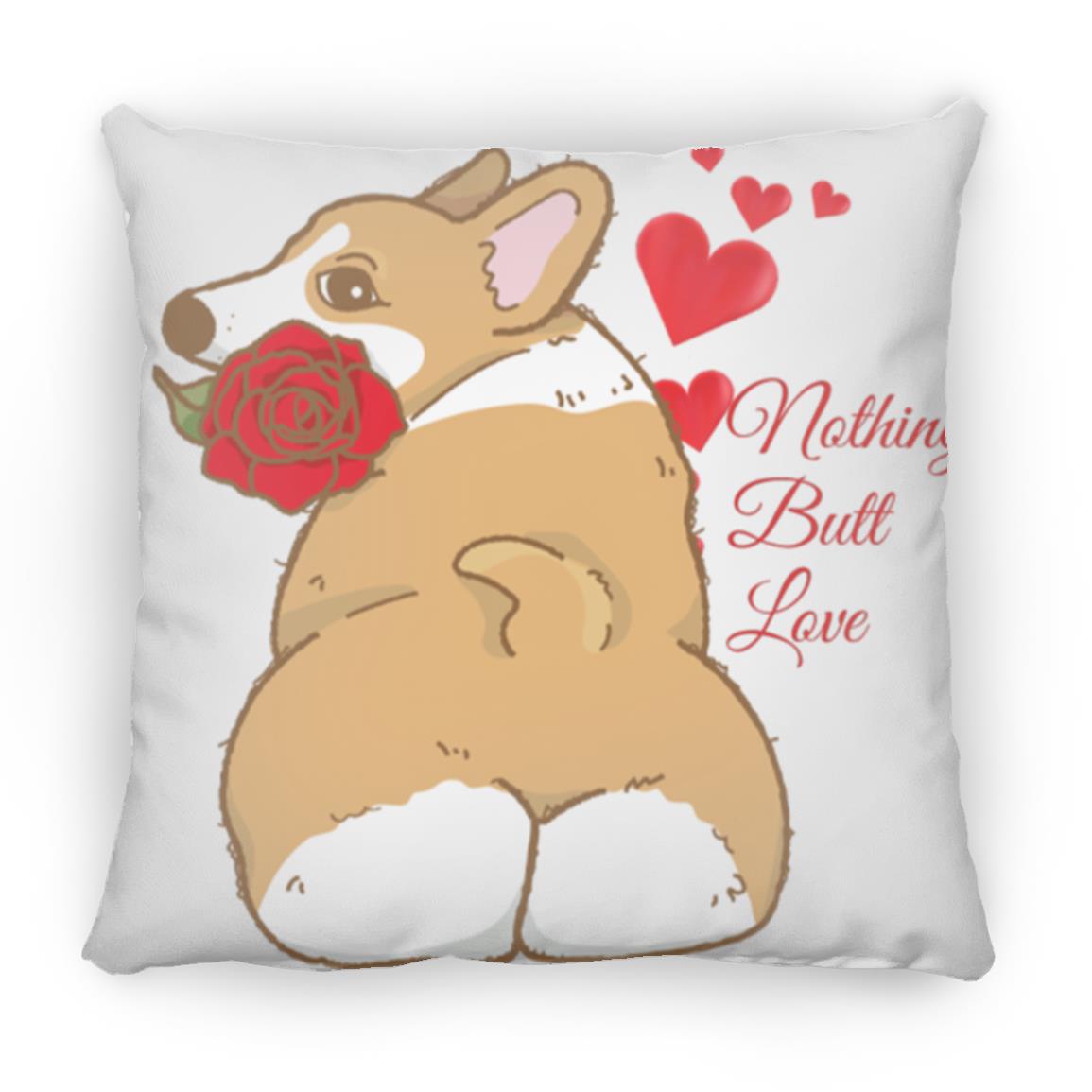 Corgi Throw Pillow featuring hearts and a Corgi holding a rose. Medium Square Pillow