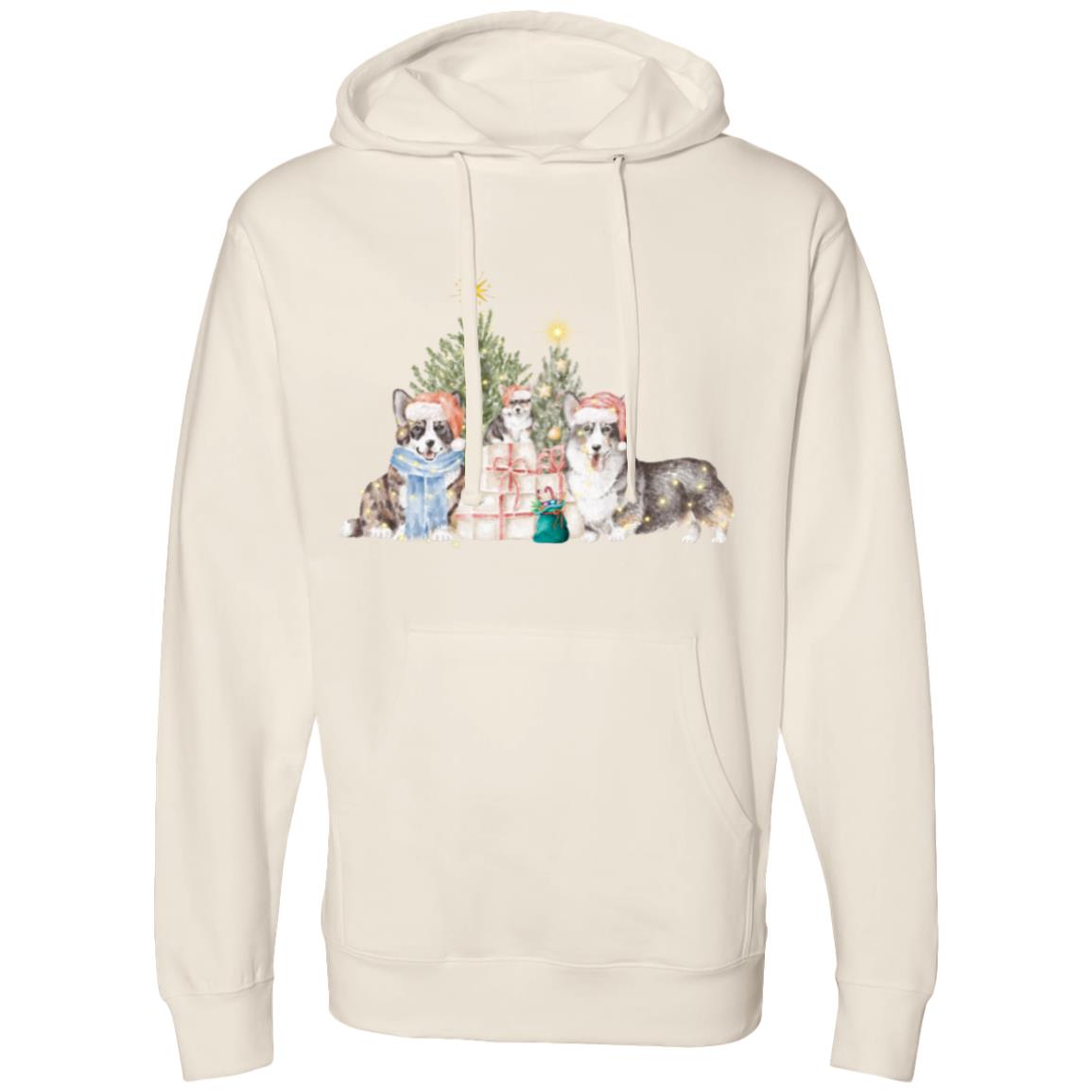 Corgi Christmas Hooded Sweatshirt with three Corgis and a 2 Christmas Trees