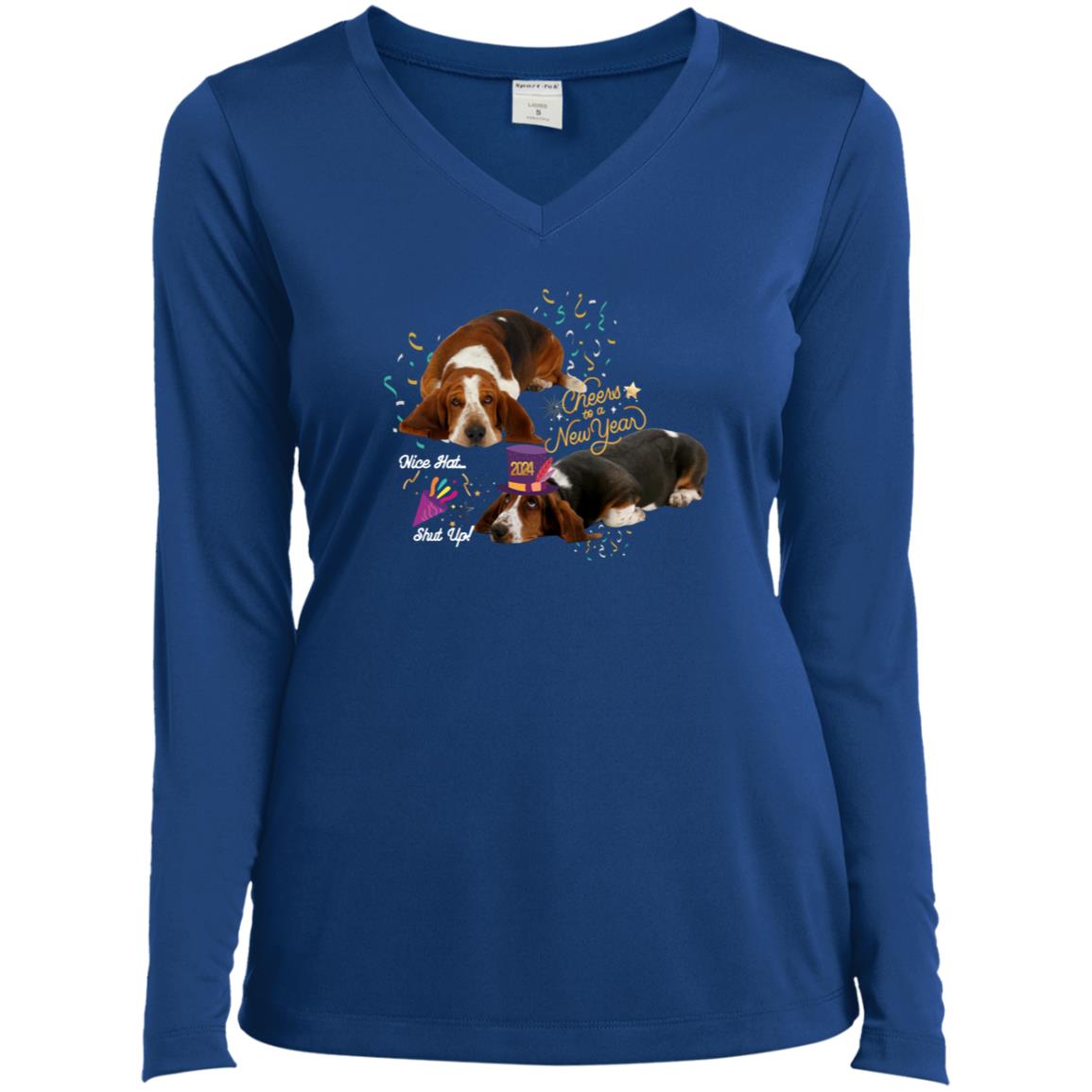 Basset Hound celebrates New Years Ladies’ Long Sleeve Performance V-Neck Tee