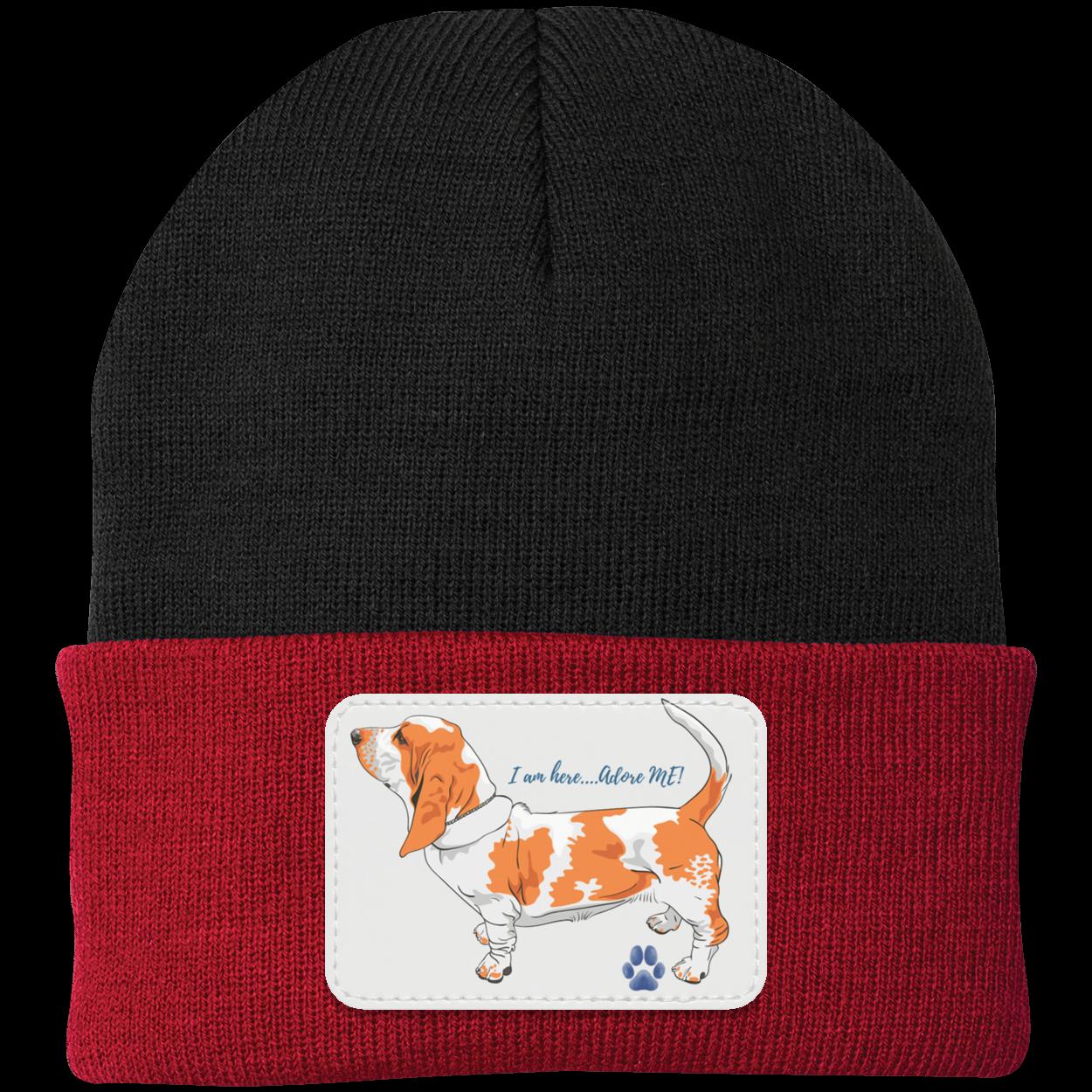 Basset Hound Beanie Hat. Adore Me. Cute Basset Hound on Vegan Patch that says I am here adore me