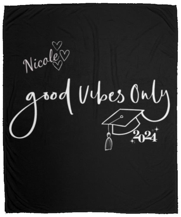 Personalized Graduation Plush Fleece Blanket - Good Vibes Only for your future graduate. This blanket features hearts.