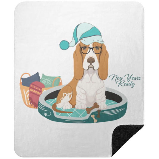 Celebrate New Years with this Premium Black Sherpa Blanket featuring a cute Basset Hound 50x60