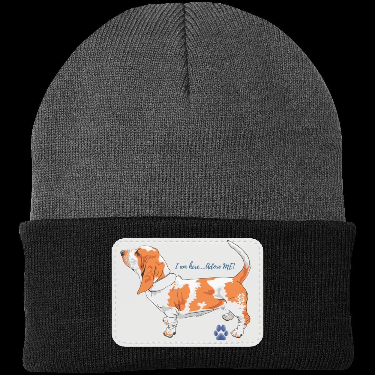 Basset Hound Beanie Hat. Adore Me. Cute Basset Hound on Vegan Patch that says I am here adore me