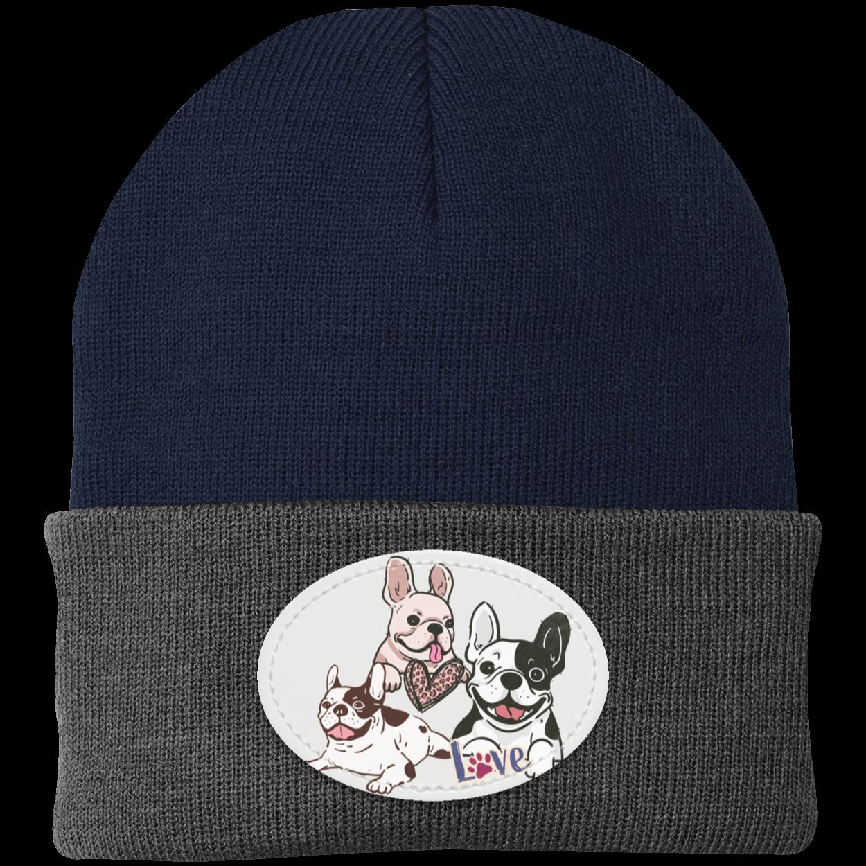 Frenchie Knit Cap featuring three cute French Bulldogs. Dog Hat. Very Warm