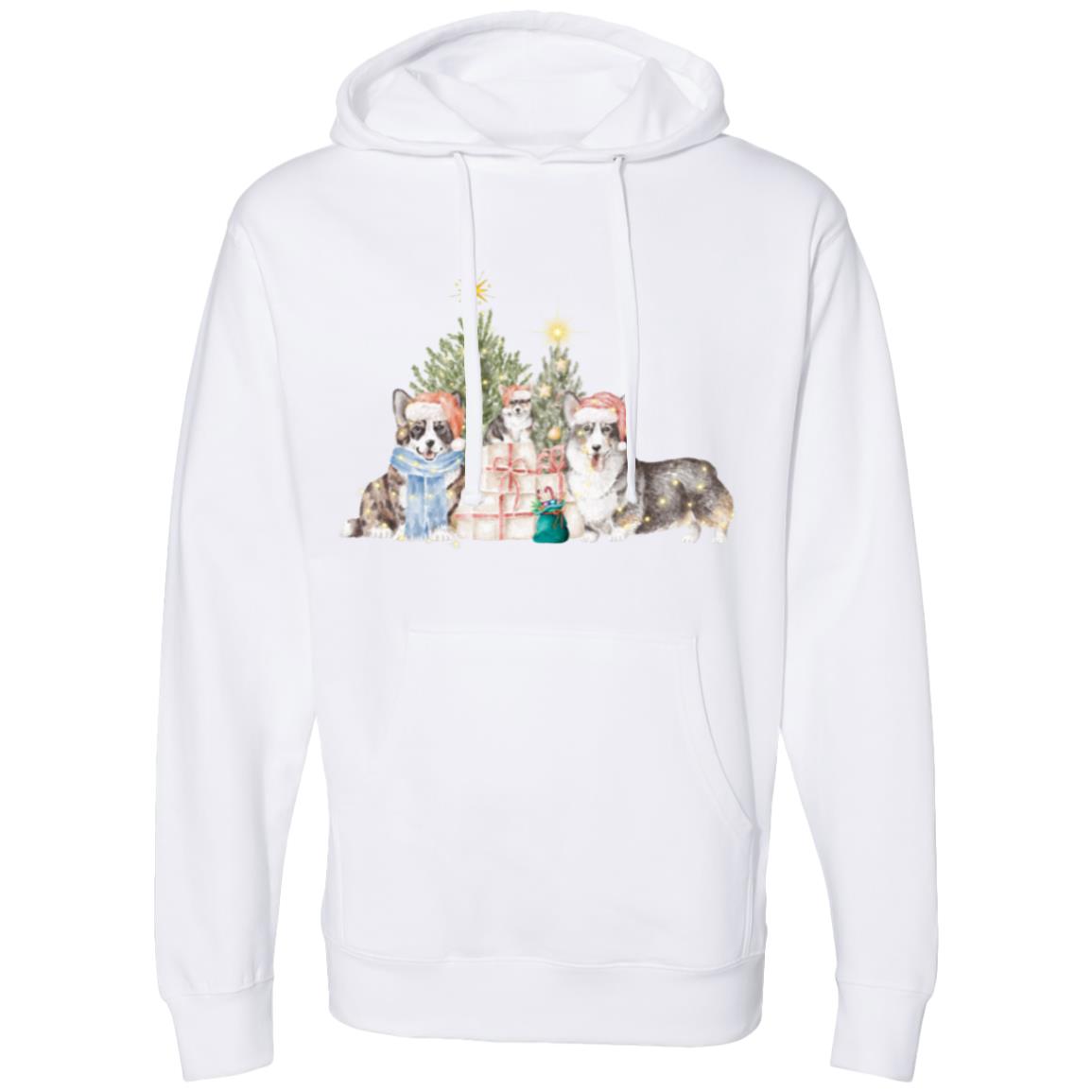 Corgi Christmas Hooded Sweatshirt with three Corgis and a 2 Christmas Trees