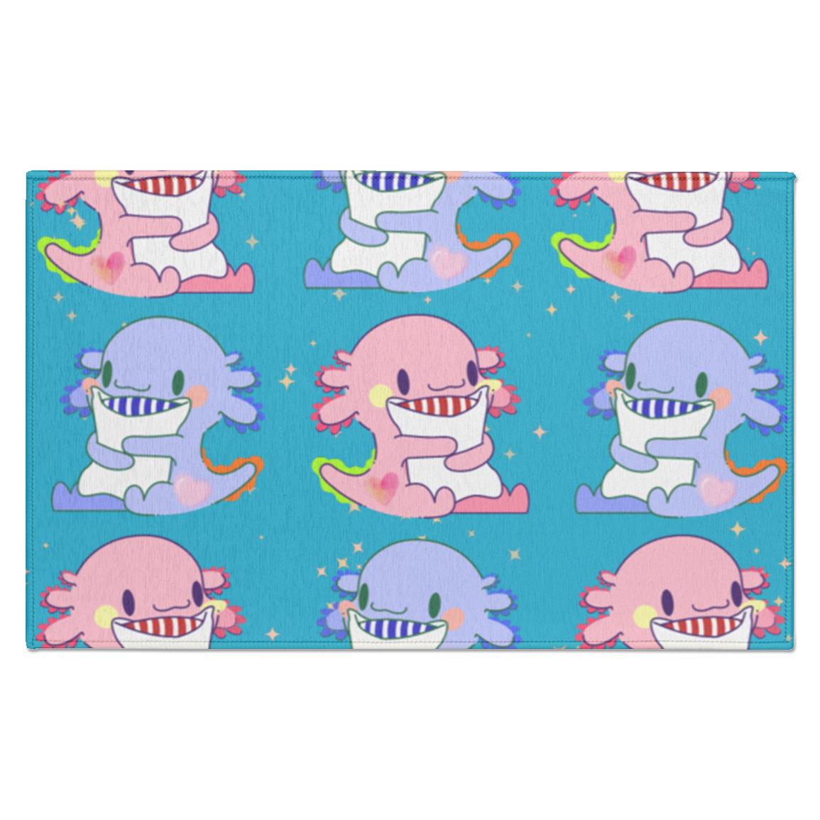 Axolotl pattern Indoor Rug with a non skid back. Axolotls in pink and blue with a cute pattern