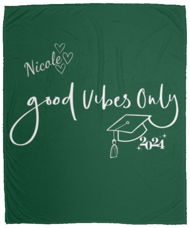 Personalized Graduation Plush Fleece Blanket - Good Vibes Only for your future graduate. This blanket features hearts.