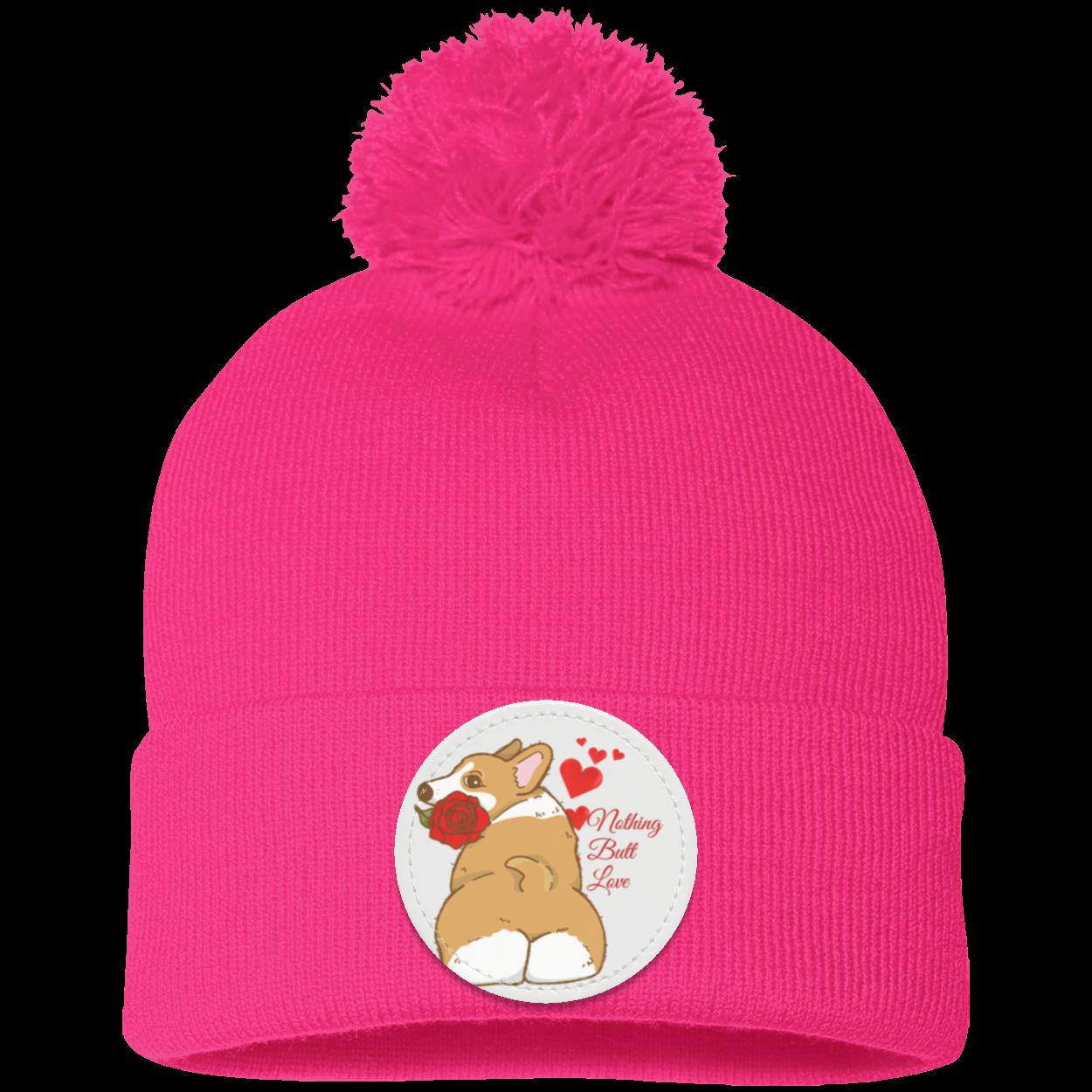 Corgi Adorable Pom Pom Knit Hat that says "Nothing butt love"