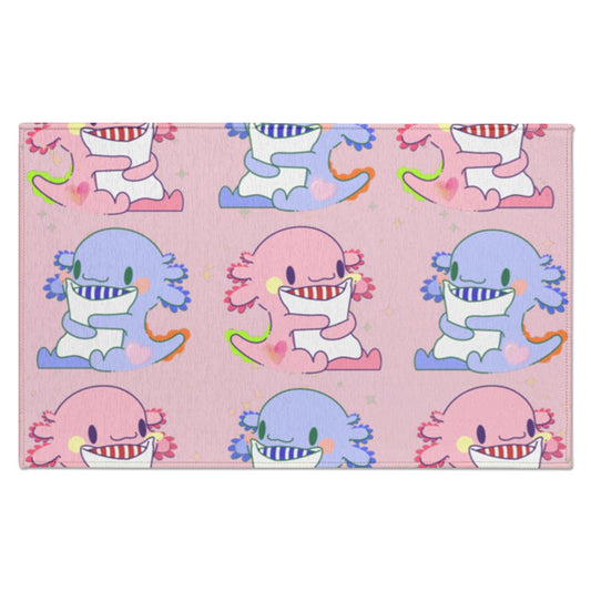 Axolotl pattern Indoor Rug with a non skid back. Axolotls in pink and blue with a cute pattern