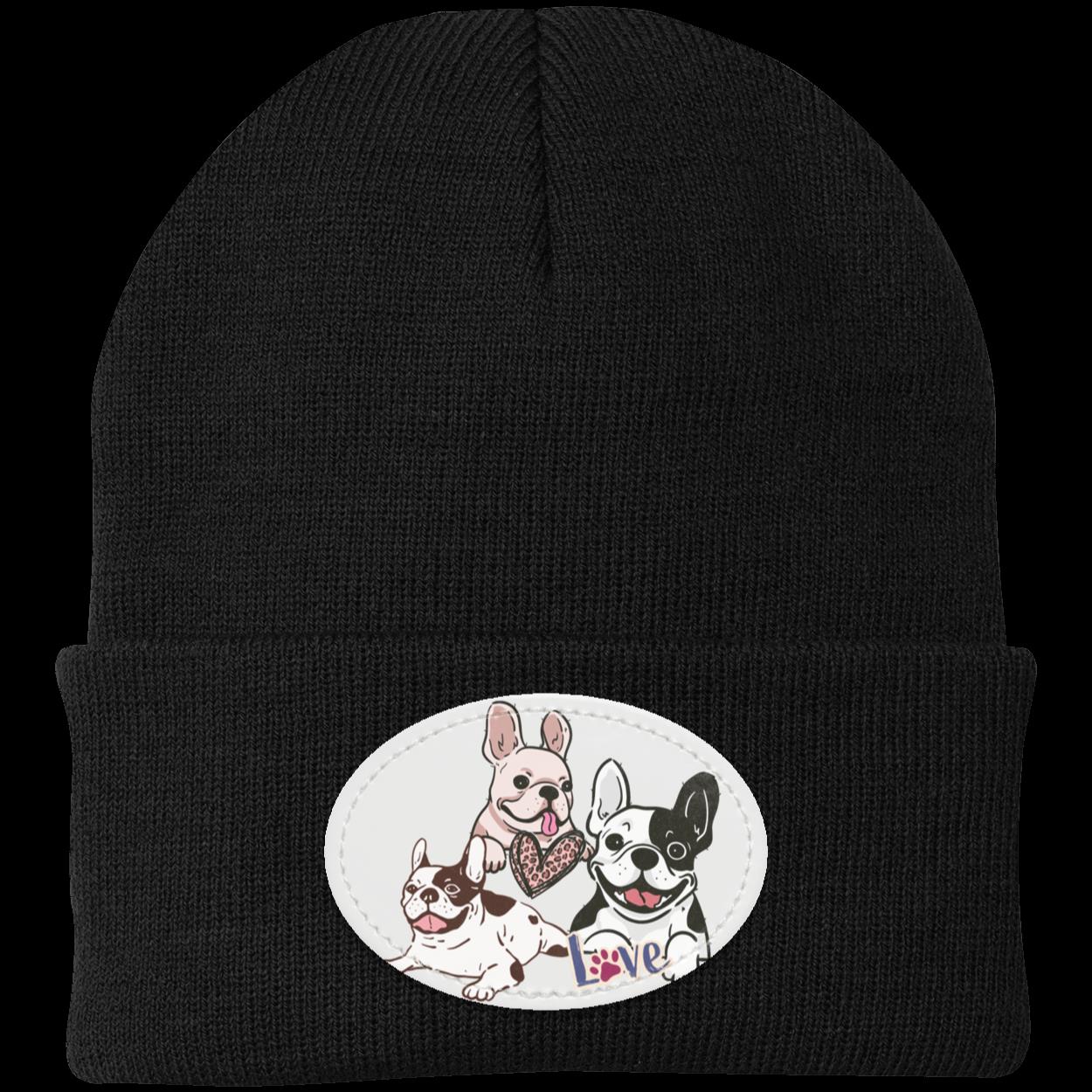 Frenchie Knit Cap featuring three cute French Bulldogs. Dog Hat. Very Warm