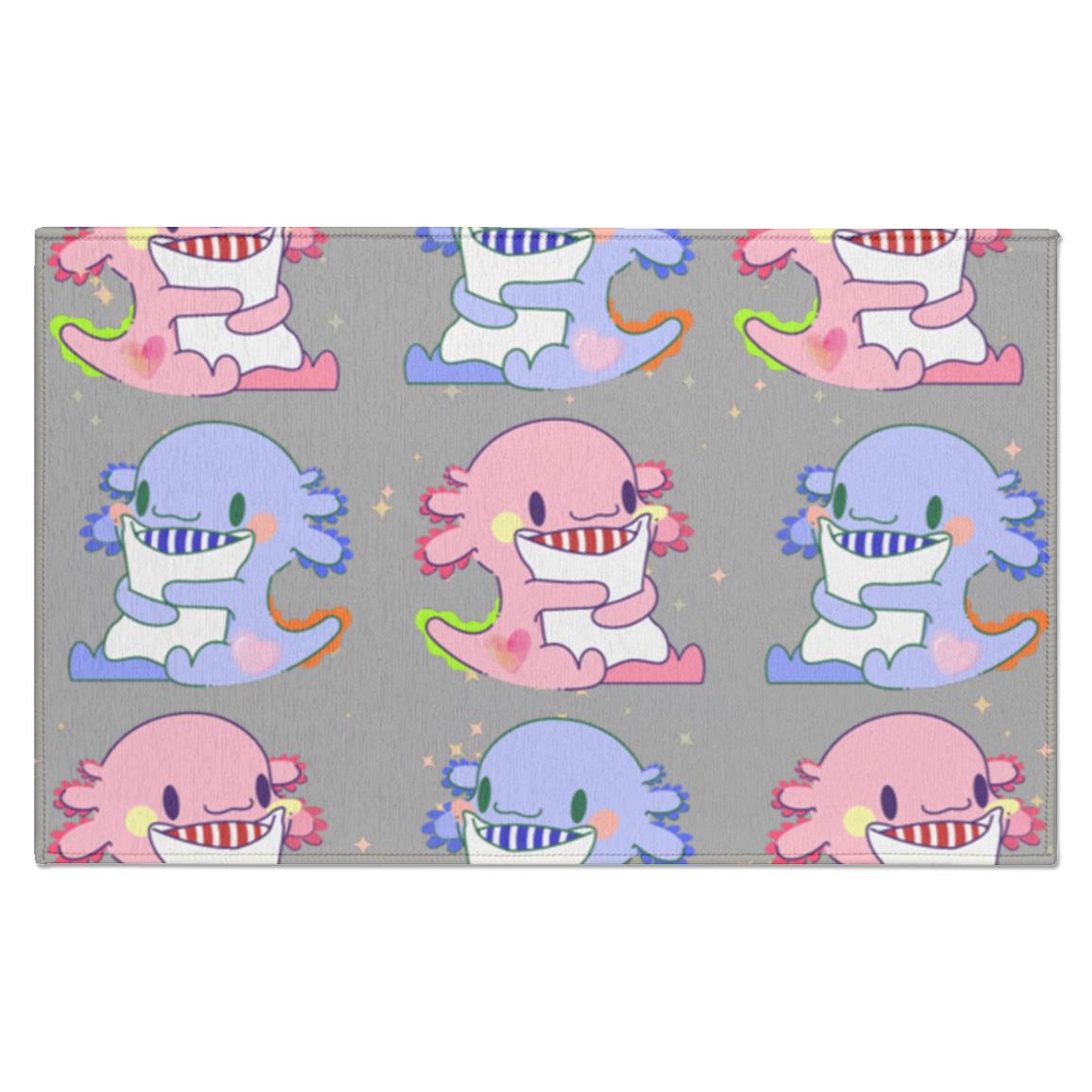 Axolotl pattern Indoor Rug with a non skid back. Axolotls in pink and blue with a cute pattern