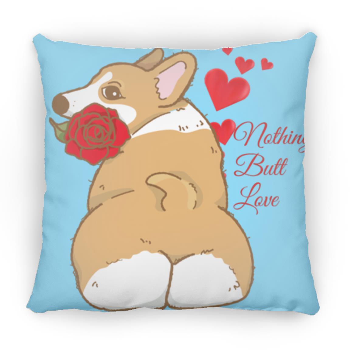 Corgi Throw Pillow featuring hearts and a Corgi holding a rose. Medium Square Pillow