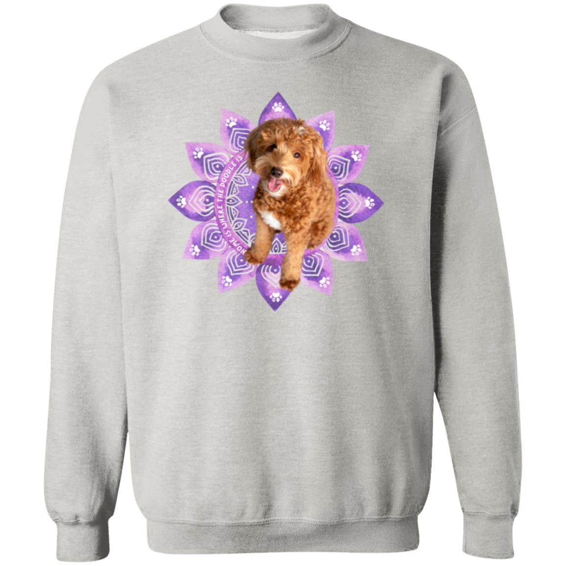 Cute Doodle sitting on a Purple Mandala Pullover Sweatshirt