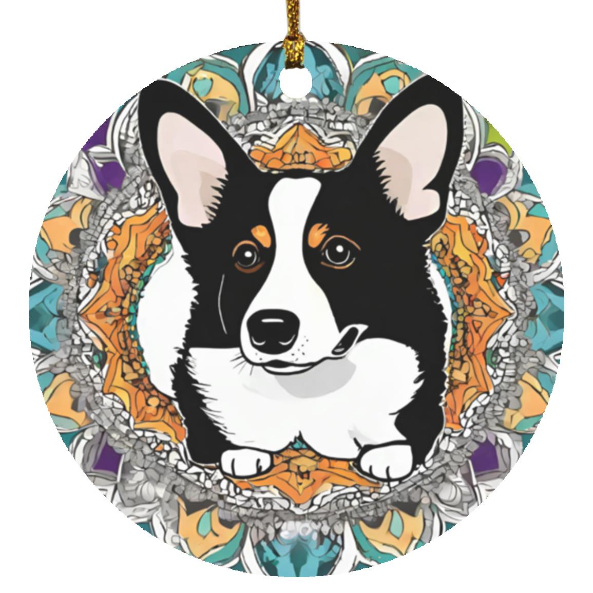 Black and white Corgi Mandala Circle Ornament