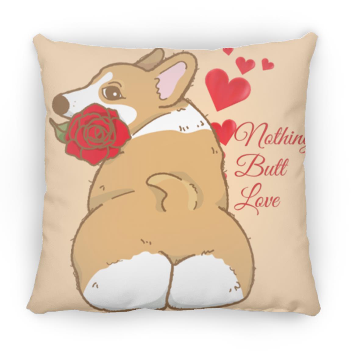 Corgi Throw Pillow featuring hearts and a Corgi holding a rose. Medium Square Pillow