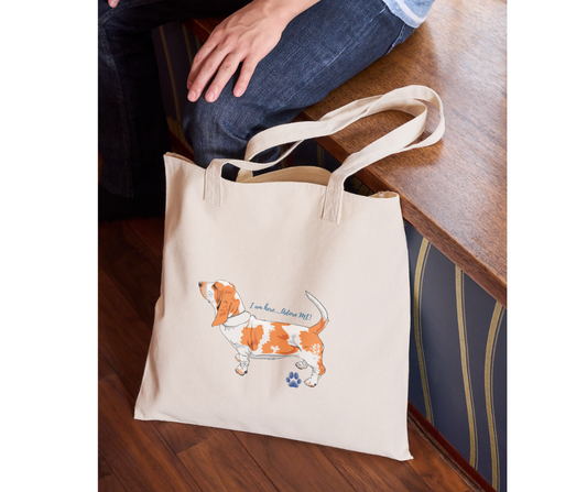 Basset Hound Adore Me Blue writing Canvas Tote Bag