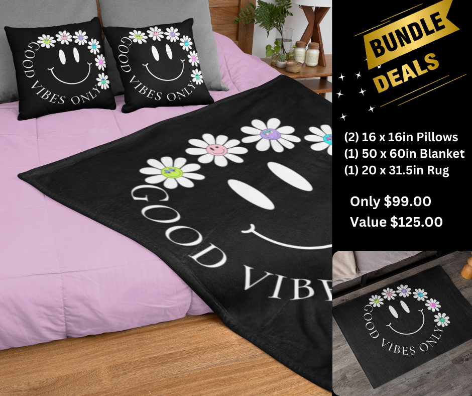 Good Vibes, Pillow, Blanket and Rug Bundle- Popular Smiley Face Design is perfect to brighten any room!