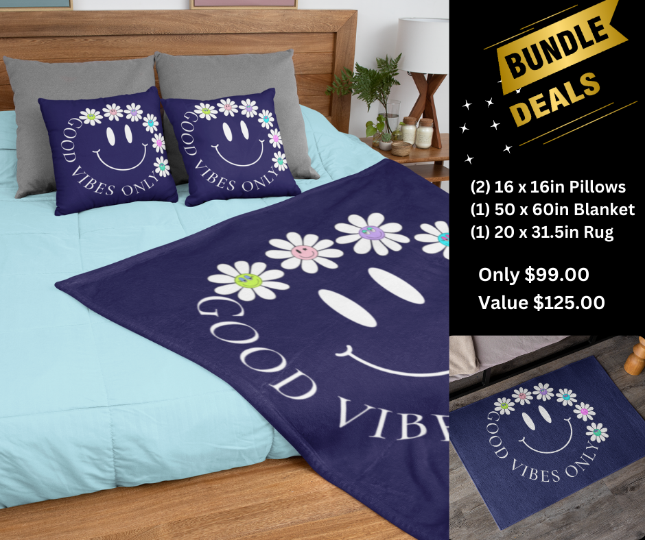 Good Vibes, Pillow, Blanket and Rug Bundle- Popular Smiley Face Design is perfect to brighten any room!